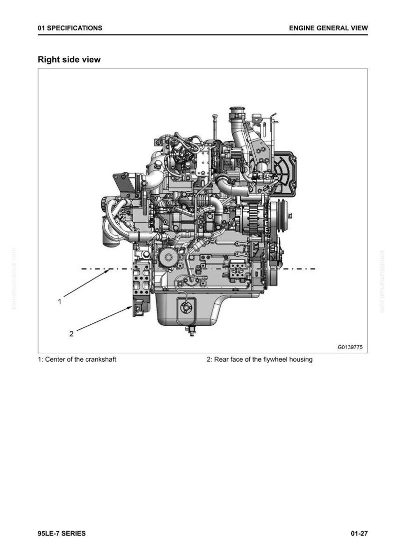 Pode incluir: Diagrama detalhado da vista lateral direita de um motor, com especifica&ccedil;&otilde;es. A imagem mostra o centro da cambota e a parte traseira da caixa do volante. O diagrama est&aacute; rotulado com "ENGINE GENERAL VIEW".