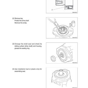 May include: Diagrams illustrating the process of sealing a drive shaft. The images show steps including removing a key, protecting the drive shaft, changing the shaft seal, and using an installation tool.