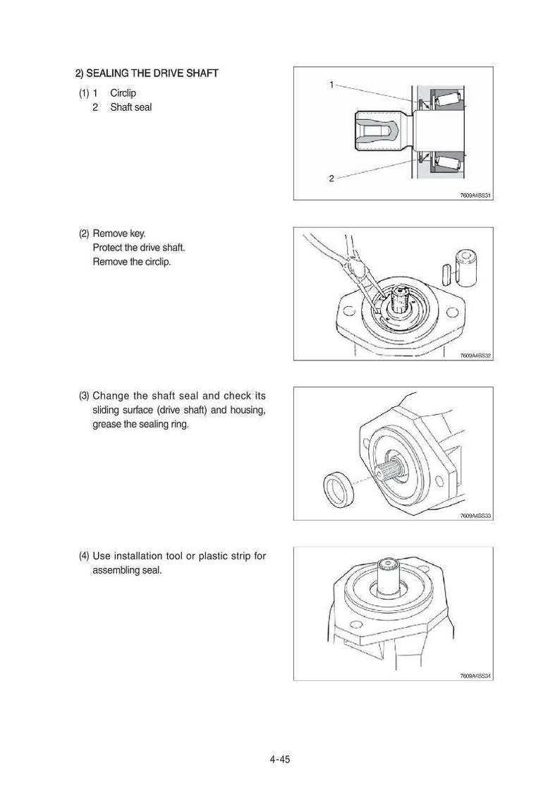 May include: Diagrams illustrating the process of sealing a drive shaft. The images show steps including removing a key, protecting the drive shaft, changing the shaft seal, and using an installation tool.