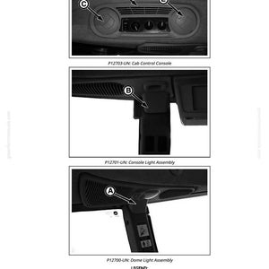 May include: Black and white diagram showing vehicle interior components. Includes close-ups of the dome light assembly, console light assembly, and cab control console. Text labels identify parts such as vent covers and retaining rings.