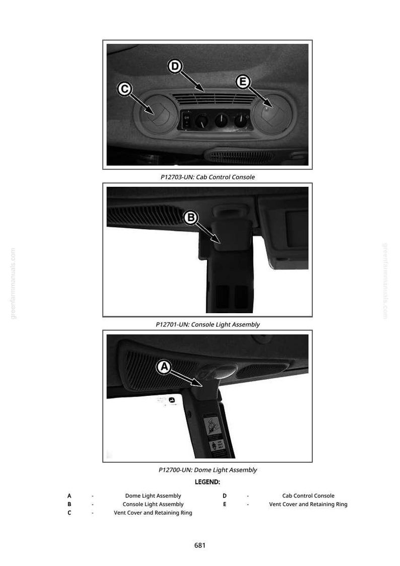 May include: Black and white diagram showing vehicle interior components. Includes close-ups of the dome light assembly, console light assembly, and cab control console. Text labels identify parts such as vent covers and retaining rings.