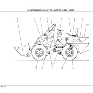 May include: Line drawing of a small front-end loader, with labeled parts. The loader has large wheels, a bucket, and a cab. The text at the top reads "INHALTSVERZEICHNIS - LIST OF CONTENTS - INDEX - INDICE".