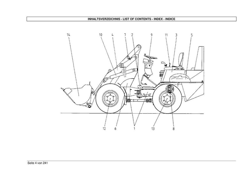 May include: Line drawing of a small front-end loader, with labeled parts. The loader has large wheels, a bucket, and a cab. The text at the top reads "INHALTSVERZEICHNIS - LIST OF CONTENTS - INDEX - INDICE".
