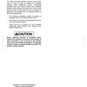 May include: A manual page on wheel stud maintenance, explaining the guidelines for stud replacement. The text details the maximum number of missing or damaged studs and the need to inspect threads. A "CAUTION" notice is also included.
