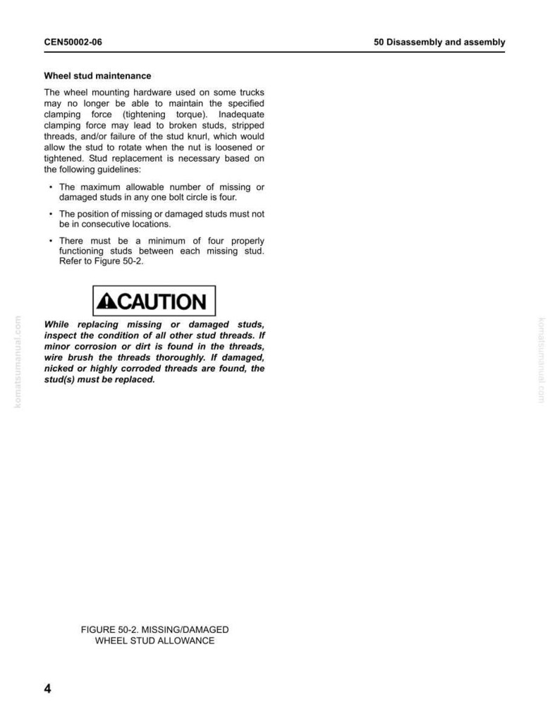 May include: A manual page on wheel stud maintenance, explaining the guidelines for stud replacement. The text details the maximum number of missing or damaged studs and the need to inspect threads. A "CAUTION" notice is also included.