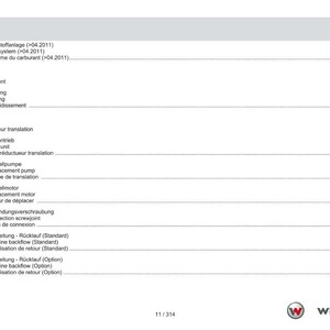 May include: A page from a technical manual with a table of contents in German, English, and French. The document lists various mechanical components, including fuel systems, cooling systems, and drive units. The Weidemann logo is at the bottom.