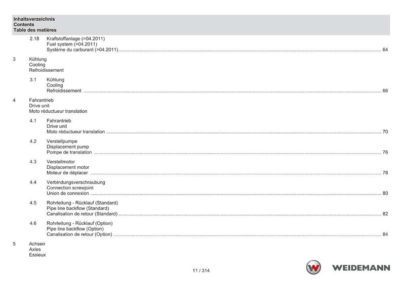 May include: A page from a technical manual with a table of contents in German, English, and French. The document lists various mechanical components, including fuel systems, cooling systems, and drive units. The Weidemann logo is at the bottom.