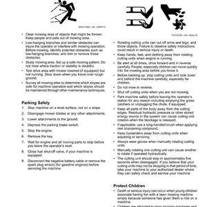 K&ouml;nnte beinhalten: Sicherheitshinweise f&uuml;r Rasenm&auml;her, einschlie&szlig;lich Warnungen vor rotierenden Messern und sicheren M&auml;hpraktiken. Enth&auml;lt Diagramme und Text zum &Uuml;berpr&uuml;fen des M&auml;hbereichs und zum sicheren Parken.