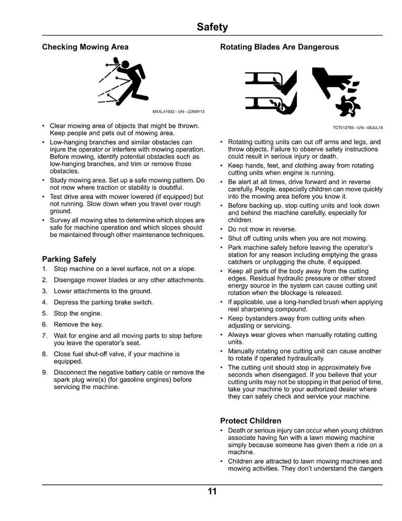 K&ouml;nnte beinhalten: Sicherheitshinweise f&uuml;r Rasenm&auml;her, einschlie&szlig;lich Warnungen vor rotierenden Messern und sicheren M&auml;hpraktiken. Enth&auml;lt Diagramme und Text zum &Uuml;berpr&uuml;fen des M&auml;hbereichs und zum sicheren Parken.
