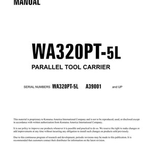 May include: A white shop manual titled "SHOP MANUAL" with the text "WA320PT-5L PARALLEL TOOL CARRIER." Includes serial numbers and copyright information. Printed in the USA in September 2009.