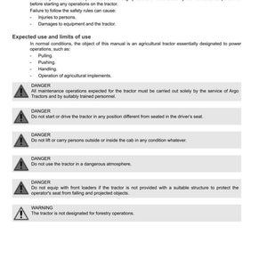 May include: A white document with black text detailing technical notes and safety information for Argo Tractors. The document includes warnings and instructions for tractor operation and maintenance. The document is dated March 2023.