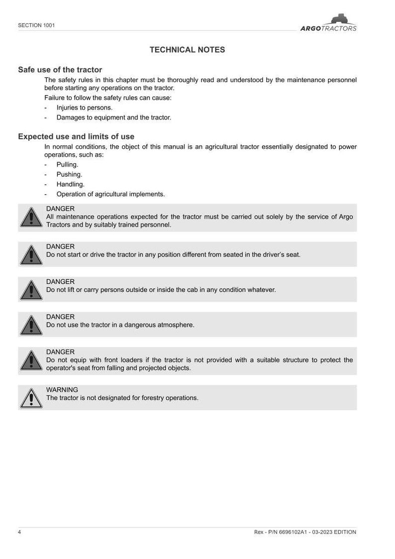 May include: A white document with black text detailing technical notes and safety information for Argo Tractors. The document includes warnings and instructions for tractor operation and maintenance. The document is dated March 2023.