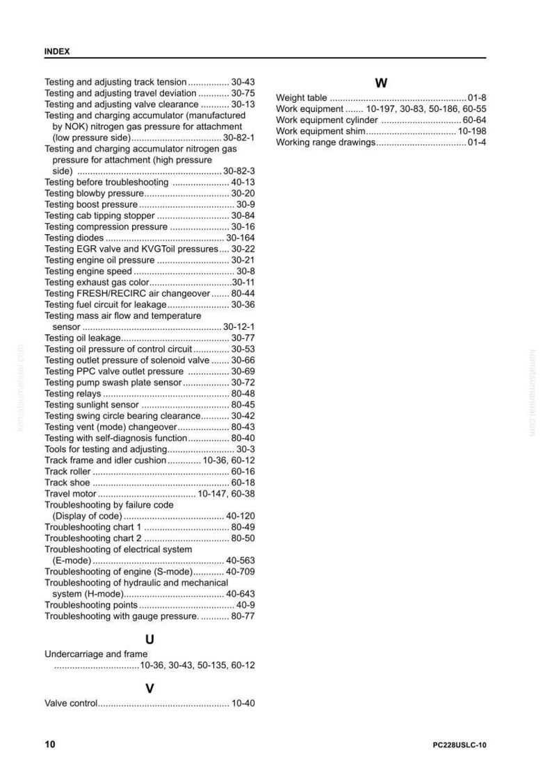 Pode incluir: Uma p&aacute;gina de manual com um &iacute;ndice de procedimentos de teste automotivo. O &iacute;ndice inclui t&oacute;picos como "Teste e ajuste da tens&atilde;o da pista" e "Teste da press&atilde;o do &oacute;leo do motor". A p&aacute;gina &eacute; branca com texto preto.