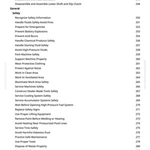 May include: A page from a manual with a list of safety and maintenance instructions. The text includes topics like "Handle Fluids Safely," "Prevent Battery Explosions," and "Service Tires Safely."