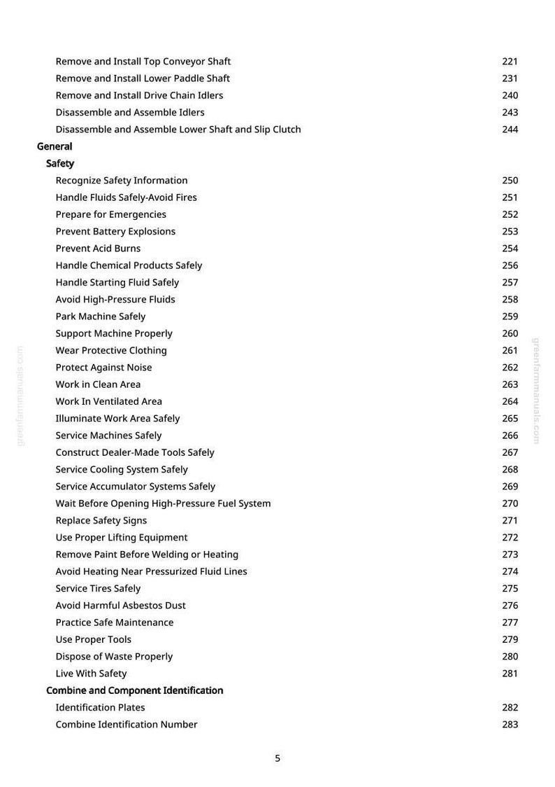 May include: A page from a manual with a list of safety and maintenance instructions. The text includes topics like "Handle Fluids Safely," "Prevent Battery Explosions," and "Service Tires Safely."
