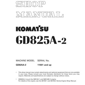Puede incluir: Un manual de taller blanco con el texto "SHOP MANUAL" en negrita y contorneado. El manual presenta el logotipo "KOMATSU" y "GD825A-2" en letras grandes y en negrita. Texto adicional incluye informaci&oacute;n del modelo de m&aacute;quina y n&uacute;mero de serie.