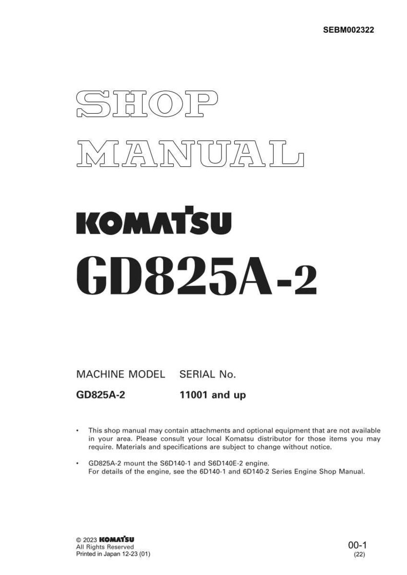 Puede incluir: Un manual de taller blanco con el texto "SHOP MANUAL" en negrita y contorneado. El manual presenta el logotipo "KOMATSU" y "GD825A-2" en letras grandes y en negrita. Texto adicional incluye informaci&oacute;n del modelo de m&aacute;quina y n&uacute;mero de serie.