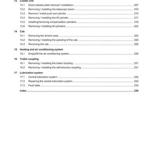 May include: A page from a Weidemann service and repair manual, featuring a table of contents. The headings include Loader Unit, Cab, Heating and Air Conditioning System, Trailer Coupling, and Lubrication System. The page numbers are listed on the right.