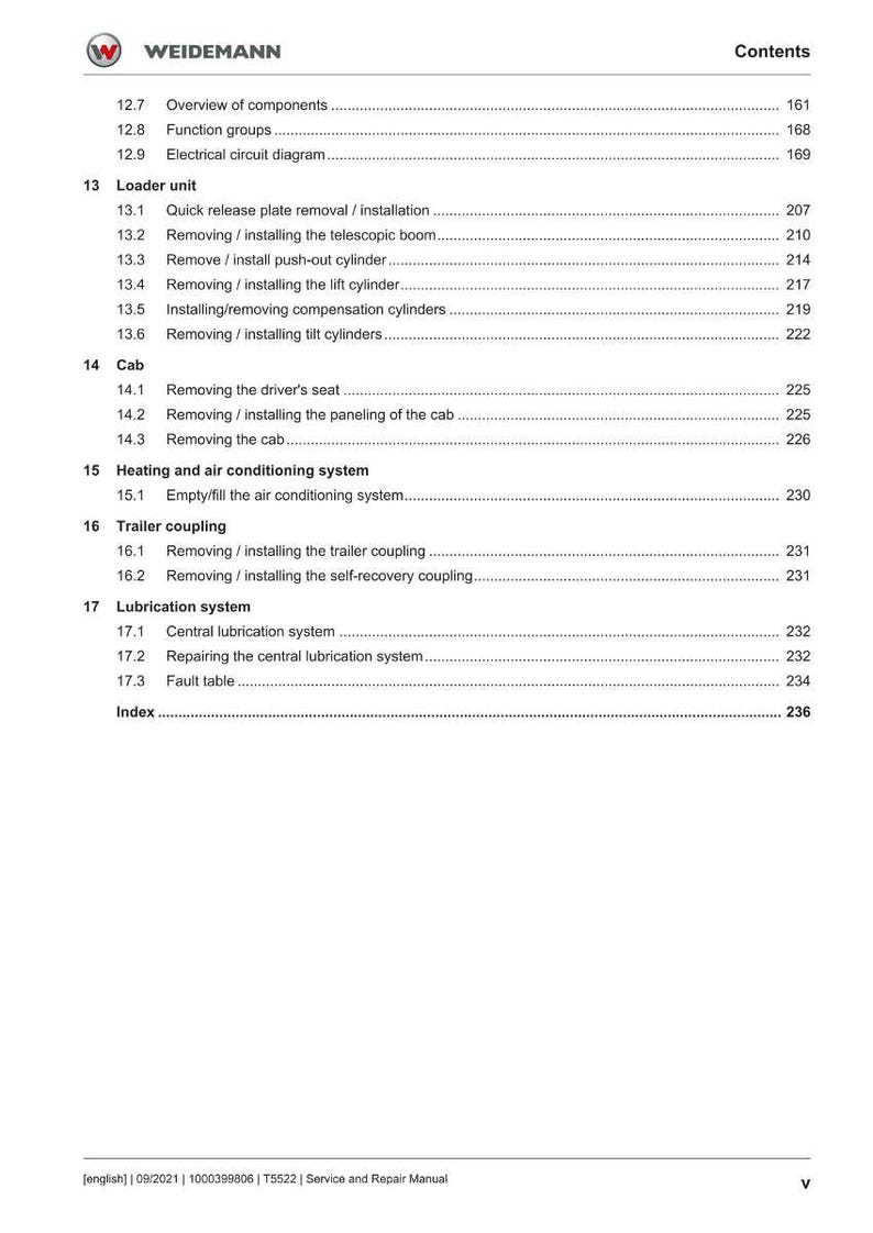 May include: A page from a Weidemann service and repair manual, featuring a table of contents. The headings include Loader Unit, Cab, Heating and Air Conditioning System, Trailer Coupling, and Lubrication System. The page numbers are listed on the right.