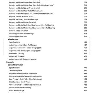 Op de afbeelding: Een pagina uit een handleiding met een lijst met instructies en specificaties voor machinereparatie. De tekst bevat termen als "Tension Arm Roll", "Drive Roll" en "Relief Valve". De pagina heeft een witte achtergrond met zwarte tekst.