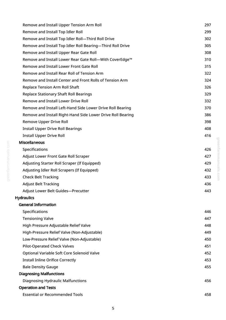 Op de afbeelding: Een pagina uit een handleiding met een lijst met instructies en specificaties voor machinereparatie. De tekst bevat termen als "Tension Arm Roll", "Drive Roll" en "Relief Valve". De pagina heeft een witte achtergrond met zwarte tekst.