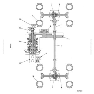 K&ouml;nnte beinhalten: Detaillierte Diagramm eines Antriebsstrangs, mit R&auml;dern, Achsen und mechanischen Komponenten. Der Text "POWER TRAIN" steht oben. Das Diagramm ist in Schwarzwei&szlig;, mit nummerierten Bezeichnungen f&uuml;r jedes Teil.