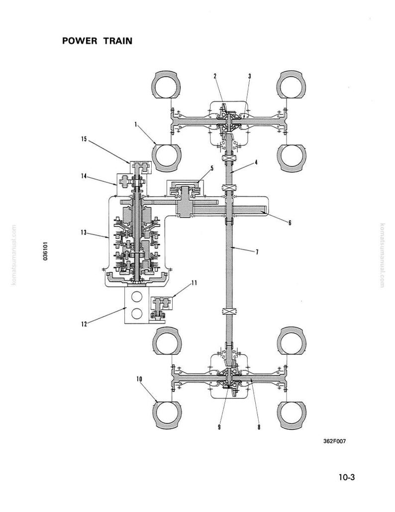 K&ouml;nnte beinhalten: Detaillierte Diagramm eines Antriebsstrangs, mit R&auml;dern, Achsen und mechanischen Komponenten. Der Text "POWER TRAIN" steht oben. Das Diagramm ist in Schwarzwei&szlig;, mit nummerierten Bezeichnungen f&uuml;r jedes Teil.