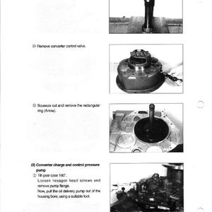 May include: Technical diagram with four images illustrating mechanical procedures. The text includes instructions for removing parts like the converter control valve and rectangular ring. The images show various components and tools used in the process.