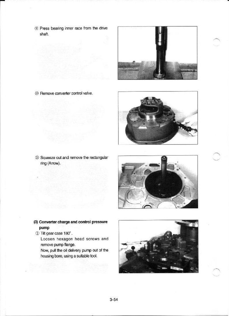 May include: Technical diagram with four images illustrating mechanical procedures. The text includes instructions for removing parts like the converter control valve and rectangular ring. The images show various components and tools used in the process.