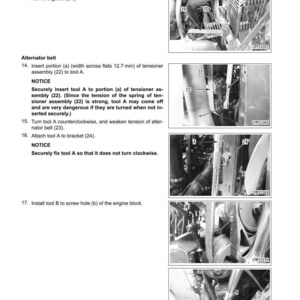 May include: Diagram illustrating the removal and installation of an alternator belt, with close-up views of engine components. Includes text instructions and numbered steps for the process. The width across flats is 12.7 mm.