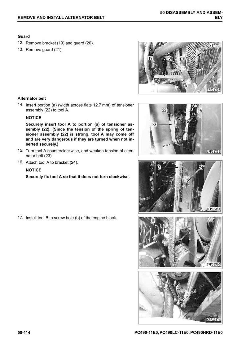 May include: Diagram illustrating the removal and installation of an alternator belt, with close-up views of engine components. Includes text instructions and numbered steps for the process. The width across flats is 12.7 mm.