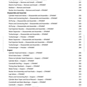 Puede incluir: Una tabla de contenido detallada de un manual, que enumera los procedimientos para el mantenimiento y la reparaci&oacute;n del motor. Incluye secciones sobre desmontaje, montaje e inspecci&oacute;n de varios componentes del motor.