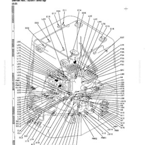 K&ouml;nnte beinhalten: Schwarz-wei&szlig;-Diagramm der Steckeranordnung mit Beschriftungen und Pfeilen. Der Text "CONNECTOR ARRANGEMENT DIAGRAM" und "Serial No.: 52001 and up" sind enthalten. Das Diagramm ist detailliert.