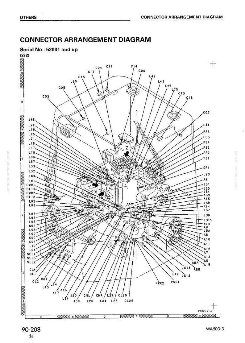 K&ouml;nnte beinhalten: Schwarz-wei&szlig;-Diagramm der Steckeranordnung mit Beschriftungen und Pfeilen. Der Text "CONNECTOR ARRANGEMENT DIAGRAM" und "Serial No.: 52001 and up" sind enthalten. Das Diagramm ist detailliert.
