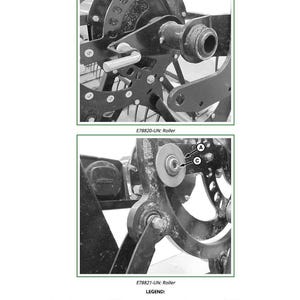 May include: Detailed diagram of a mechanical component, featuring a roller, nut, and axle bolt. The image includes close-up views of the component with labels A, B, and C, and the text "E78820-UN: Roller" and "E78821-UN: Roller".