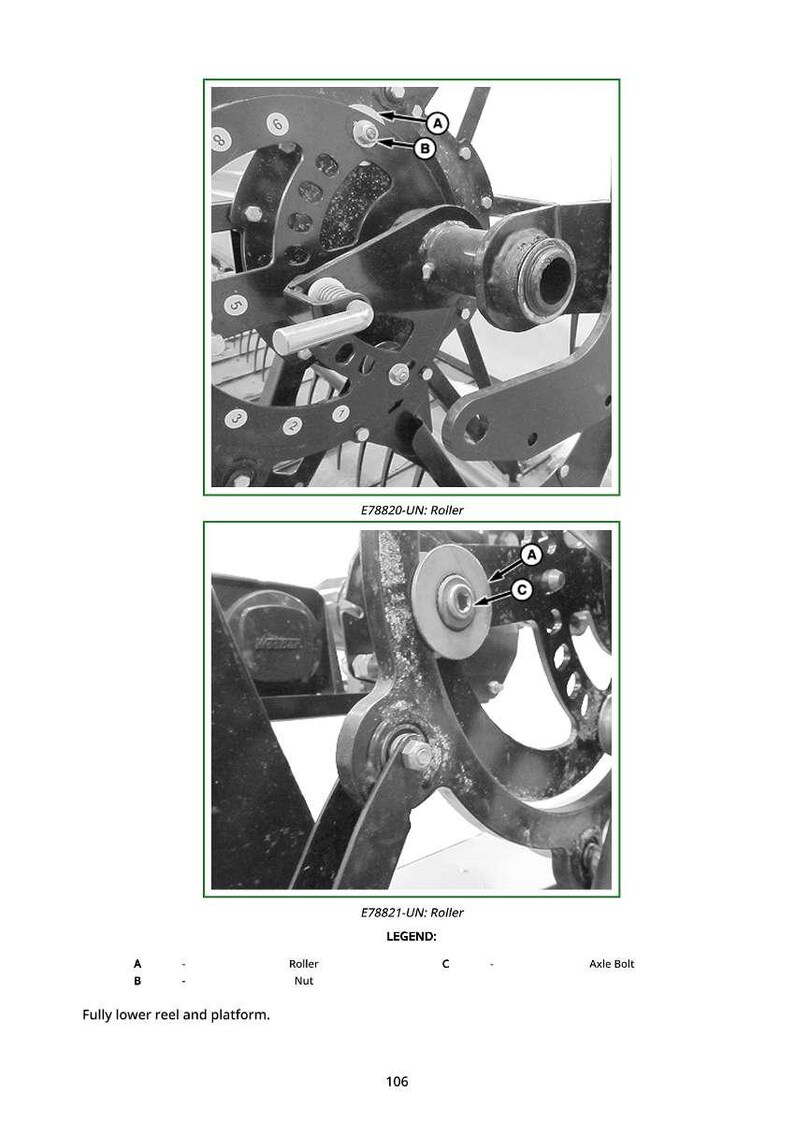 May include: Detailed diagram of a mechanical component, featuring a roller, nut, and axle bolt. The image includes close-up views of the component with labels A, B, and C, and the text "E78820-UN: Roller" and "E78821-UN: Roller".
