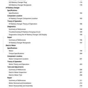 May include: A detailed table of contents from a manual, featuring sections on battery chargers, electric motors, and electrical components. The text is black on a white background, with page numbers on the right.