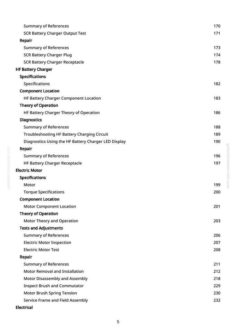 May include: A detailed table of contents from a manual, featuring sections on battery chargers, electric motors, and electrical components. The text is black on a white background, with page numbers on the right.