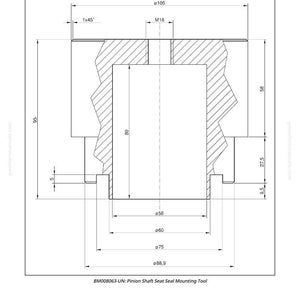 May include: Technical drawing of a Pinion Shaft Seat Seal Mounting Tool. The diagram includes measurements in millimeters, such as a diameter of 105 mm and a height of 95 mm. The tool's design is detailed with various angles and dimensions.