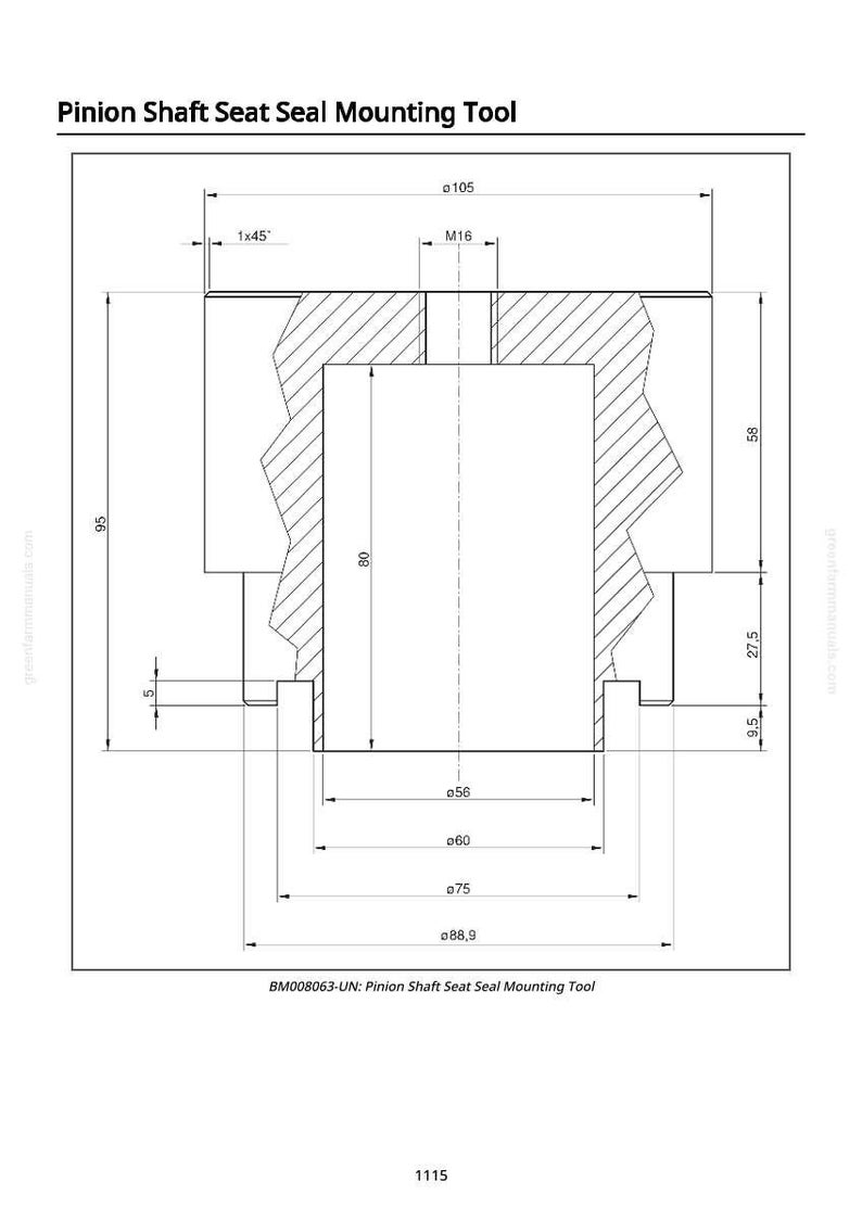 May include: Technical drawing of a Pinion Shaft Seat Seal Mounting Tool. The diagram includes measurements in millimeters, such as a diameter of 105 mm and a height of 95 mm. The tool's design is detailed with various angles and dimensions.