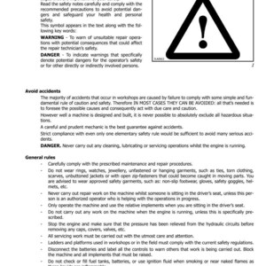 May include: A manual page with safety information. The top section is titled "SECTION 100 - GENERAL INFORMATION" and "SAFETY NOTES". A black and white warning symbol is shown, accompanied by text on personal risk and accident prevention.
