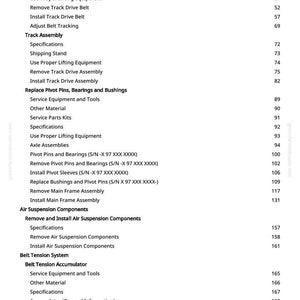 May include: A white page with a detailed table of contents for a manual. The text includes sections on track drive belts, track assembly, pivot pins, air suspension components, and belt tension systems.