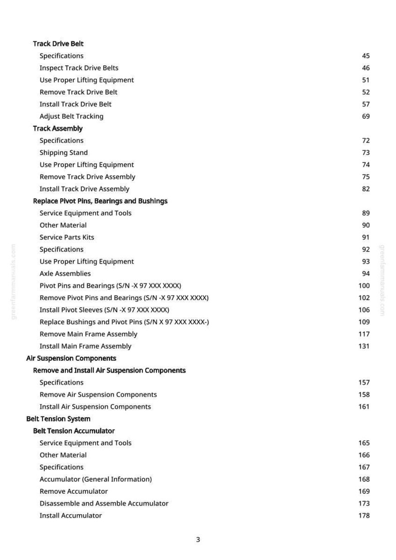 May include: A white page with a detailed table of contents for a manual. The text includes sections on track drive belts, track assembly, pivot pins, air suspension components, and belt tension systems.