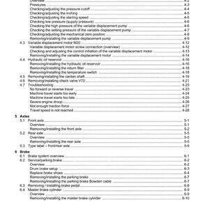 May include: A detailed table of contents from a manual, featuring the "WEIDEMANN" logo. The document outlines sections on travel drive, variable displacement pumps, axles, and brakes. Text is black on a white background.