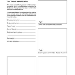 Puede incluir: P&aacute;gina de un manual t&eacute;cnico titulado "Identificaci&oacute;n y especificaciones t&eacute;cnicas del tractor". El documento incluye secciones sobre n&uacute;meros de serie, tipos de chasis e informaci&oacute;n del motor, con diagramas y espacios para datos.