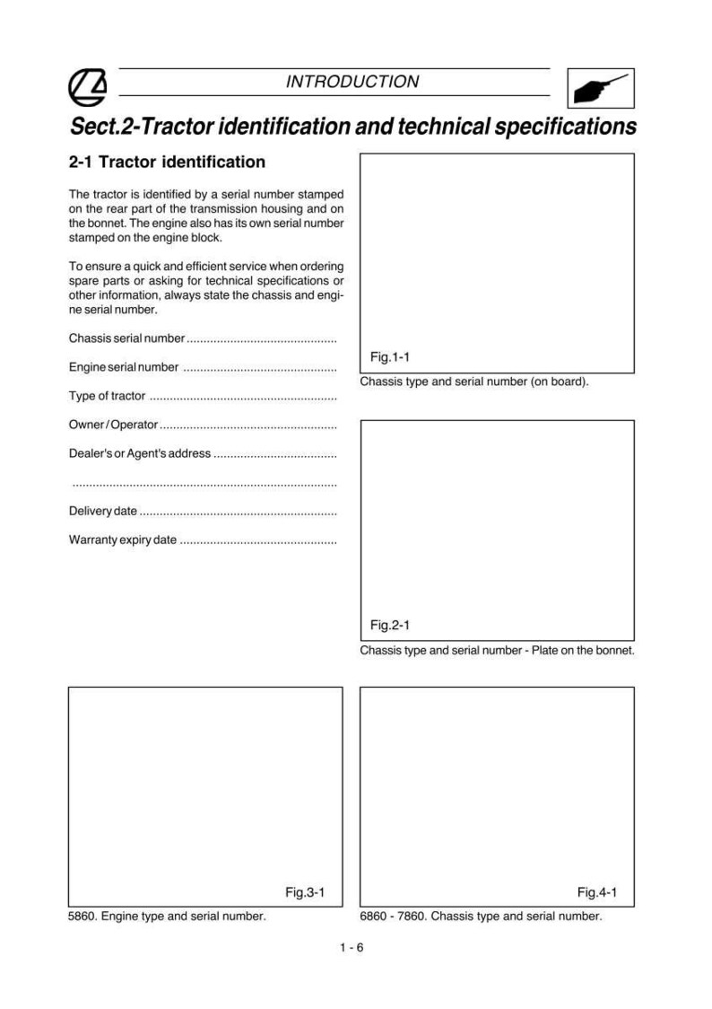 Puede incluir: P&aacute;gina de un manual t&eacute;cnico titulado "Identificaci&oacute;n y especificaciones t&eacute;cnicas del tractor". El documento incluye secciones sobre n&uacute;meros de serie, tipos de chasis e informaci&oacute;n del motor, con diagramas y espacios para datos.