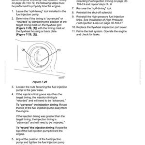 May include: A manual page detailing "Adjusting Fuel Injection Timing." It features instructions and a diagram of a flywheel grid with timing marks. The text explains how to adjust the fuel injection pump for engine timing.