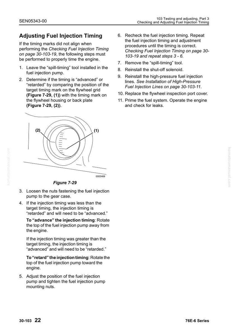 May include: A manual page detailing "Adjusting Fuel Injection Timing." It features instructions and a diagram of a flywheel grid with timing marks. The text explains how to adjust the fuel injection pump for engine timing.