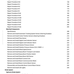 May include: A page from a manual with a table of contents. The document lists procedures for electrical components, including sensors and alarms, and brake systems. The text is in black font on a white background.