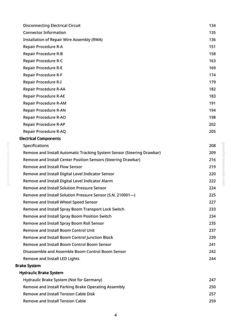 May include: A page from a manual with a table of contents. The document lists procedures for electrical components, including sensors and alarms, and brake systems. The text is in black font on a white background.